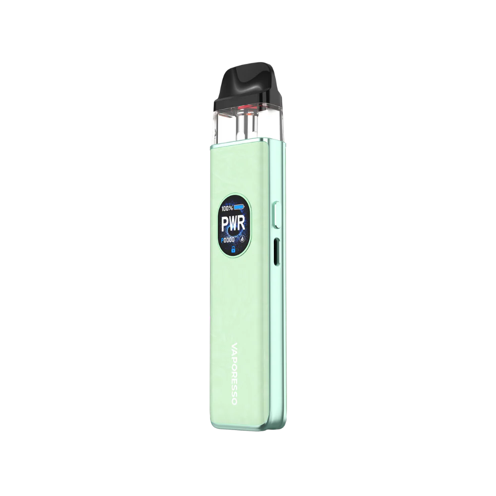 Vaporesso xros 5 Mint green vape device with 'PWR' logo on a white background