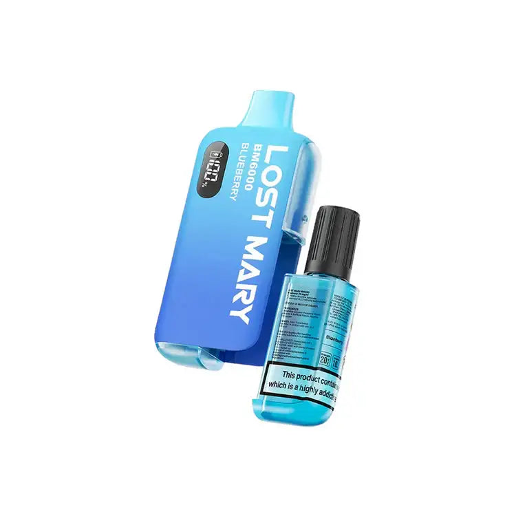 Two blue vape devices with 'Lost Mary' branding on a white background