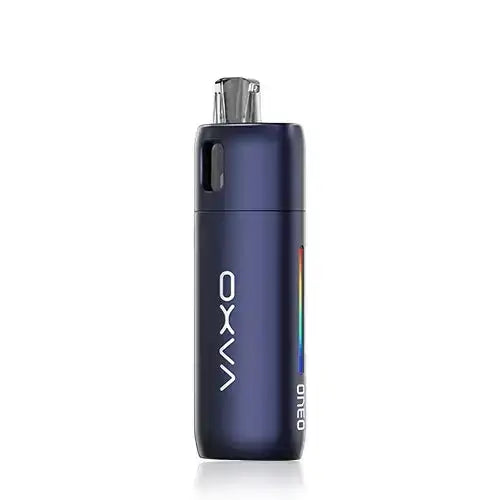 Blue oxva vaping device on a white background