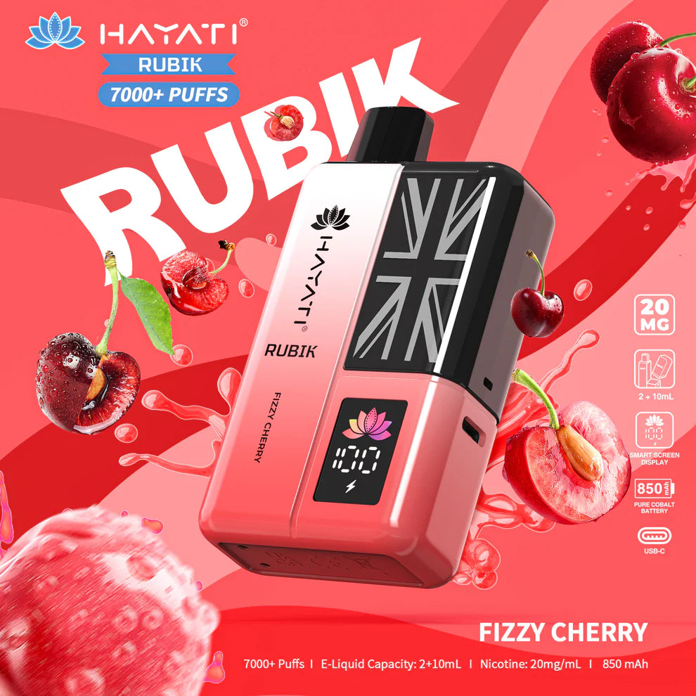 fizzy cherry hayati rubik 7000 puffs vape kit in colorful background