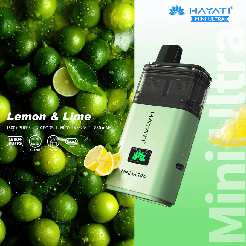 Hayati Mini Ultra vape device with lemon and lime graphics on a green background