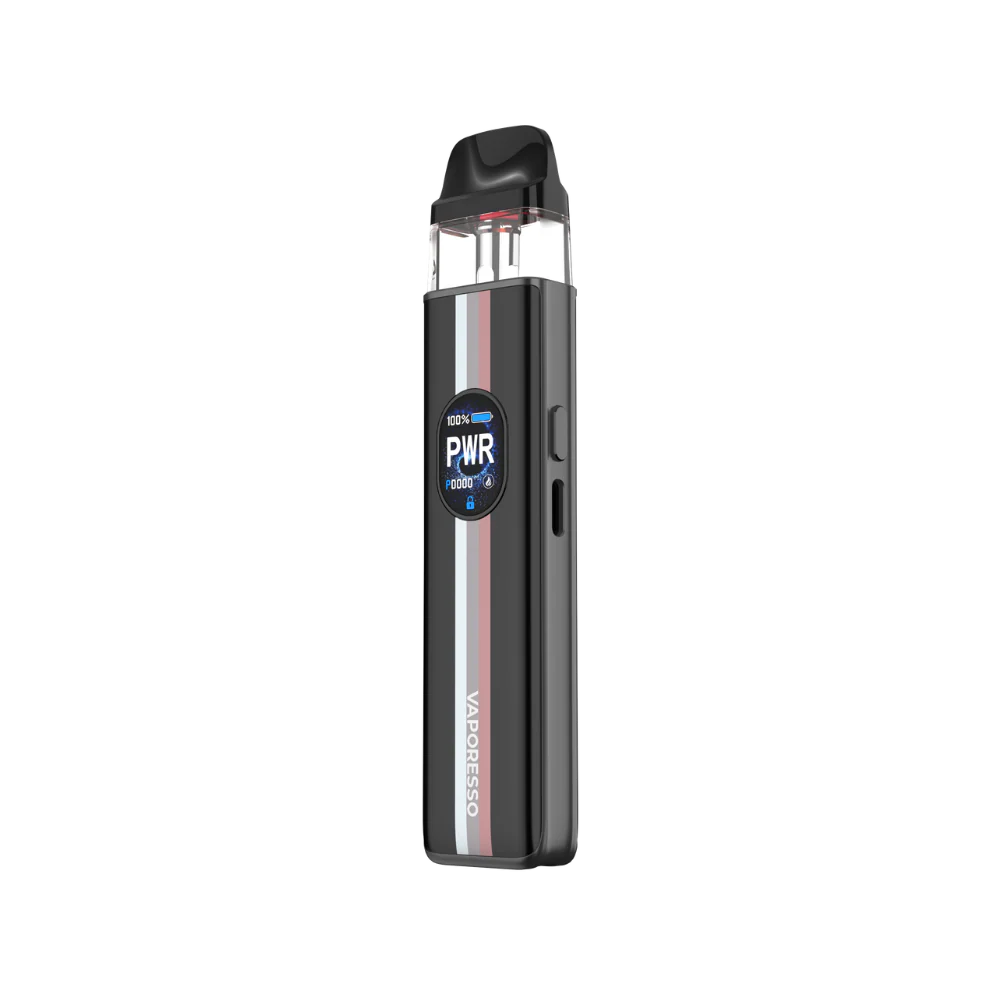 Vaporesso xros 5 Black electronic device with 'PWR' label on a white background