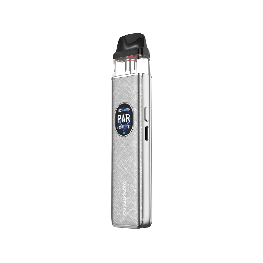 Vaporesso xros 5 Silver vape device with 'PWR' label on a white background