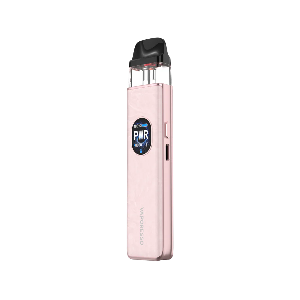 Vaporesso xros 5 Pink vape device with 'PWR' indicator on a white background