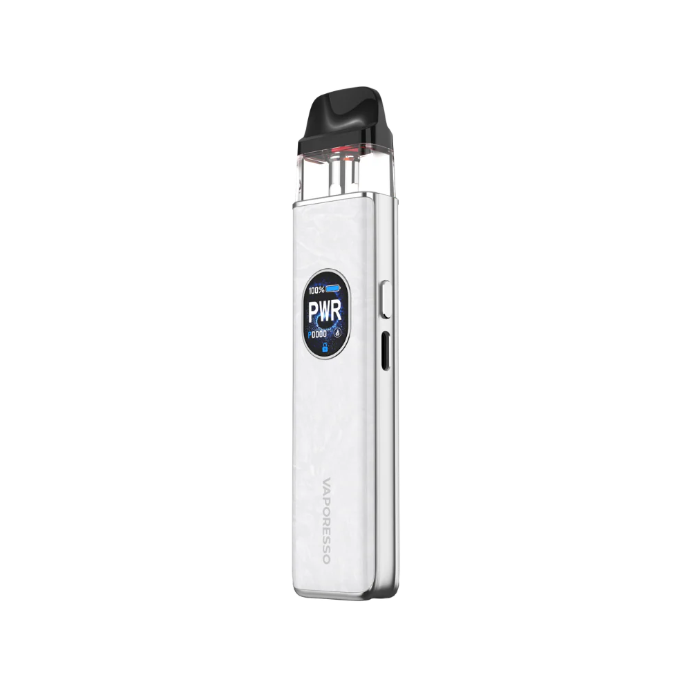 Vaporesso xros 5 White electronic device with 'PWR' label on a white background