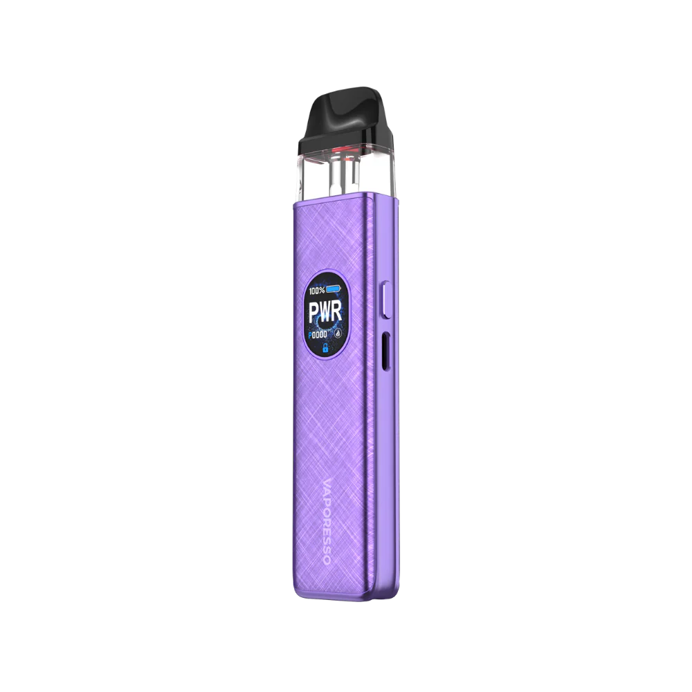 Vaporesso xros 5 Purple vape device with 'PWR' indicator on a white background